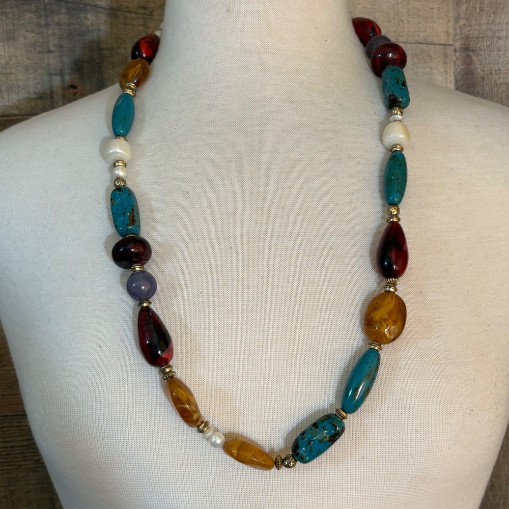 Multicolor Mixed Bead Statement Necklace Gold Tone Adjustable Lobster Claw